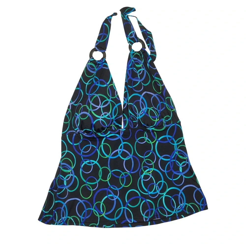 Slimshaper Tankini Top Women 14 Blue Circle Geometric Halter Nylon Spandex 67962